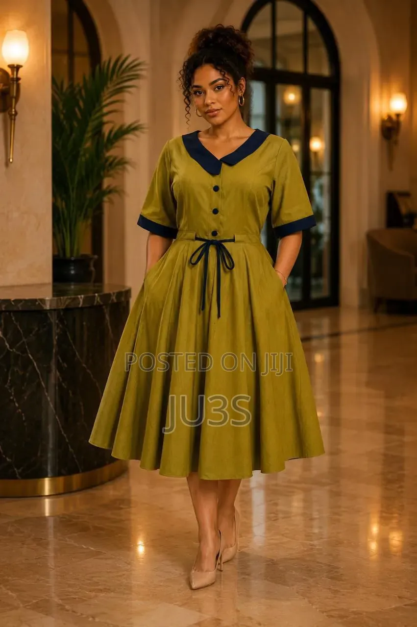 Vintage Olive Green Kleid Midi Dress