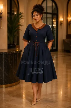 Vintage-Inspired Navy Blue Midi Dress