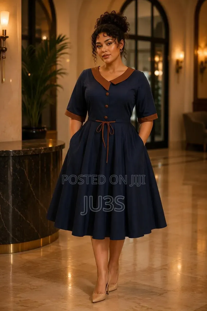 Vintage-Inspired Navy Blue Midi Dress