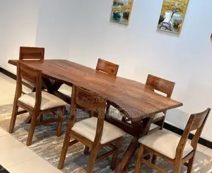 Elegant Live Edge Solid Wood Dining Table With 6 Beige Upholstered