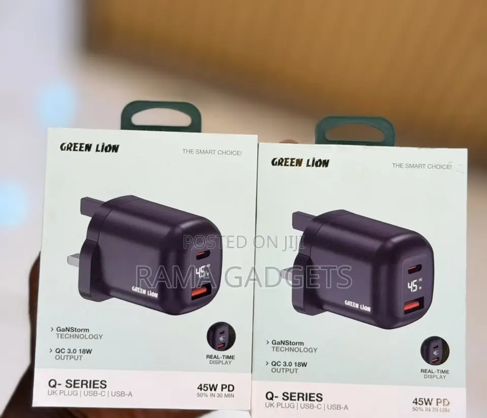 Green Lion Q-Series Charger Uk Plug Both Usb-C and Usb-a Ports.
