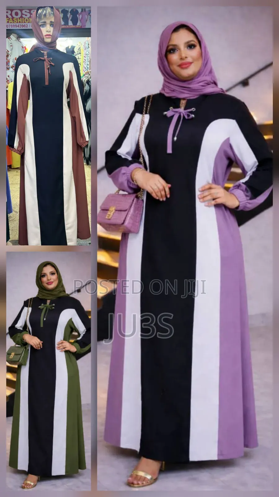 A Floor-Length, Black and Lavender Abaya Dress