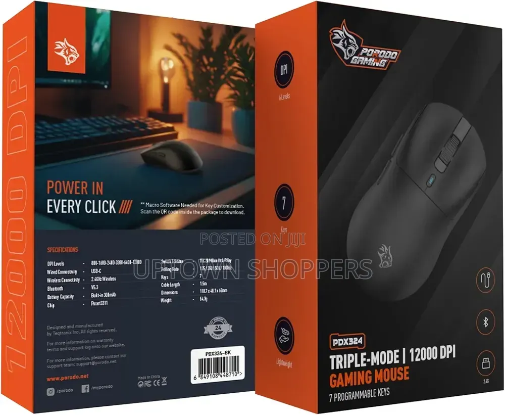 Porodo Gaming Pdx324 Triple-Mode 12000 Dpi Gaming Mouse.