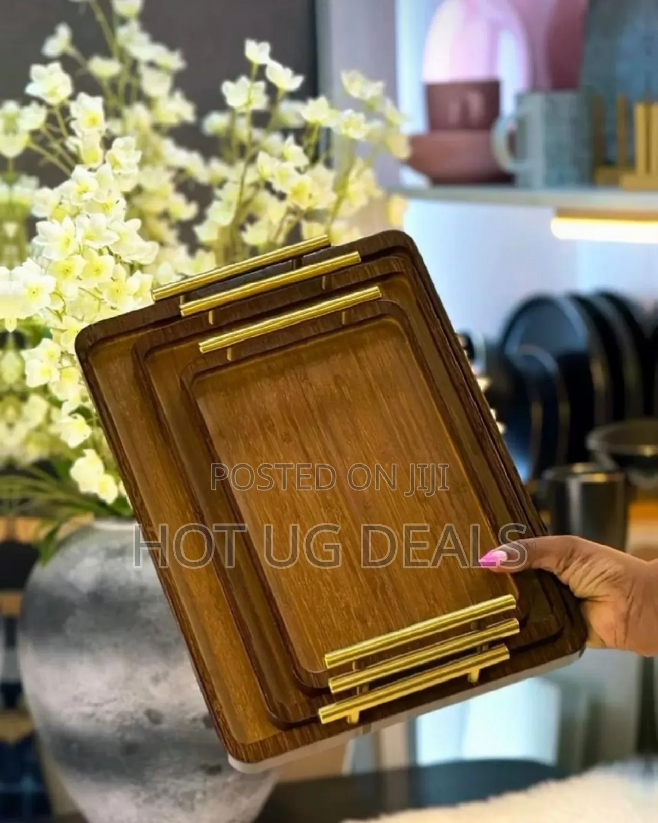 Set of 3pcs Bamboo Wooden Trays With Golden Handles - Brown