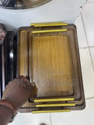 Set of 3pcs Bamboo Wooden Trays With Golden Handles - Brown