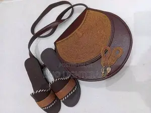 African Handmade Beaded Sandals Matching Leather Bag Set