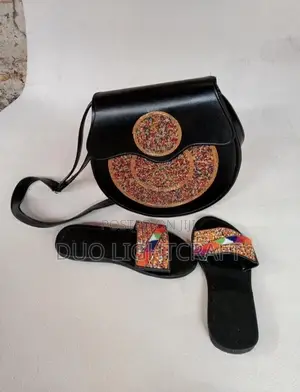 African Handmade Beaded Sandals Matching Leather Bag Set