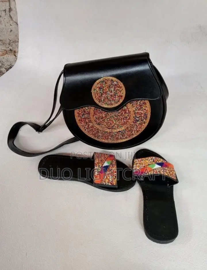 African Handmade Beaded Sandals Matching Leather Bag Set