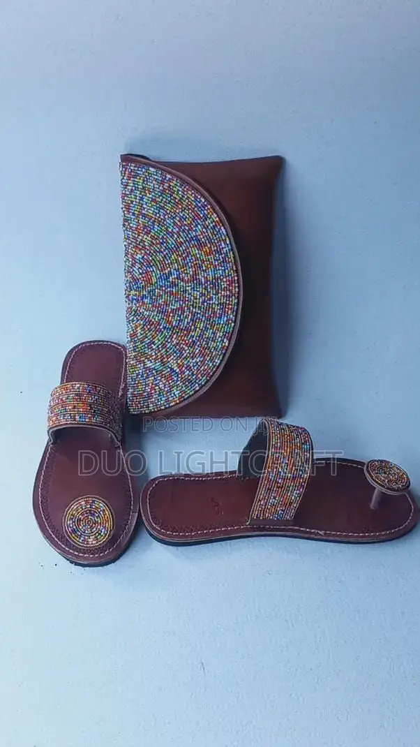African Handmade Beaded Sandals Matching Leather Bag Set