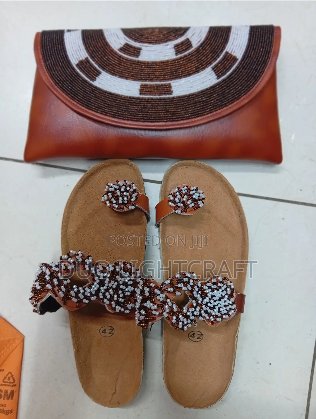 African Handmade Beaded Sandals Matching Leather Bag Set