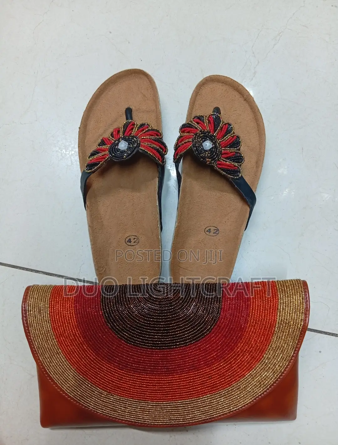 African Handmade Beaded Sandals Matching Leather Bag Set