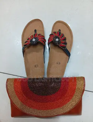 African Handmade Beaded Sandals Matching Leather Bag Set