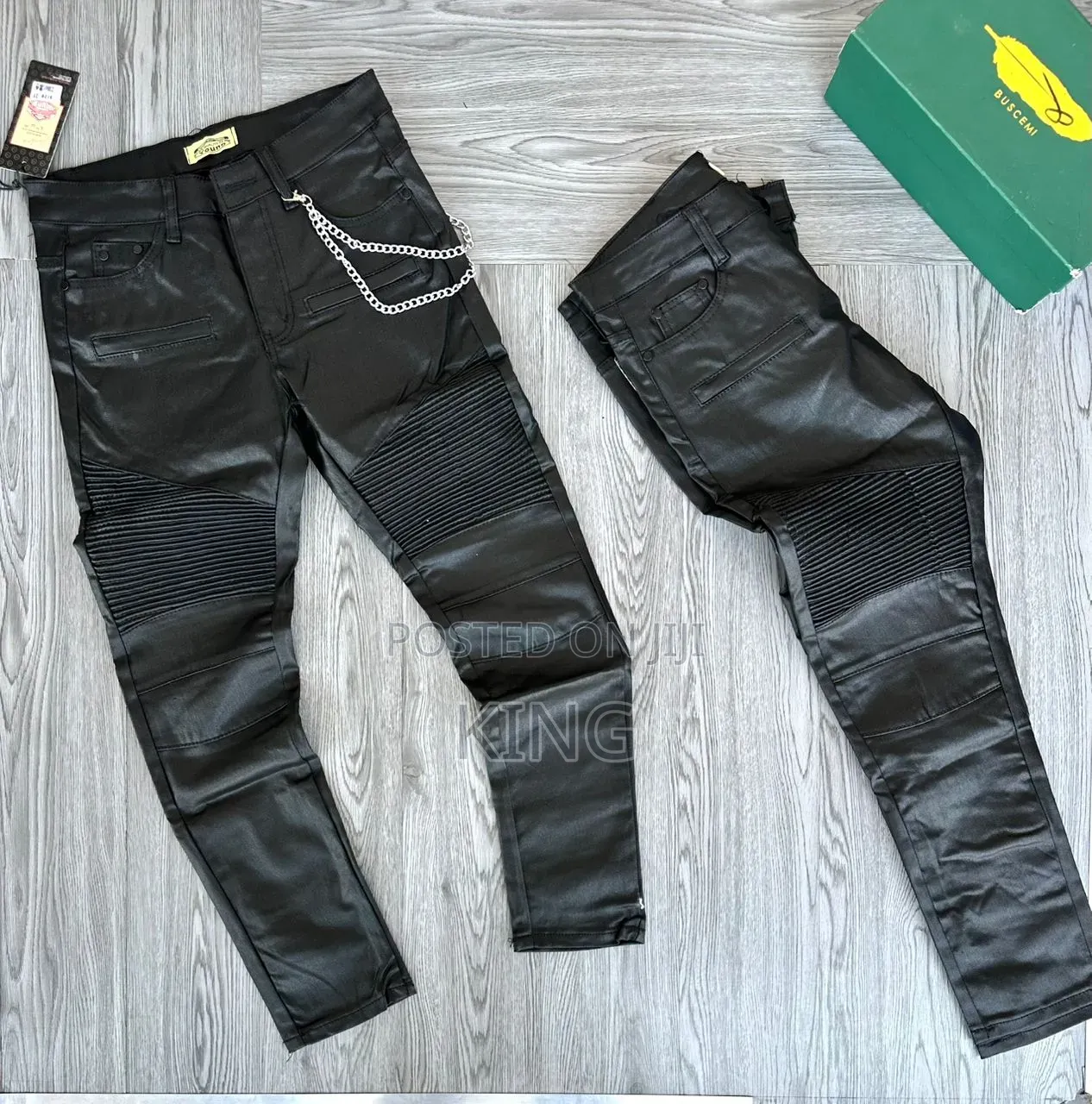 Black Buscemi Biker Balmain Pants. Oil/Leather Jeans