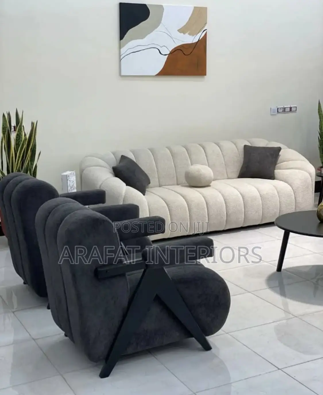 Modern Cream Curved Sofa With Dark Gray Armchairs