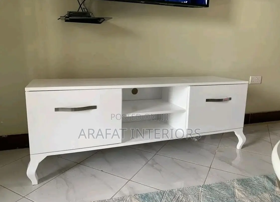 Modern White Tv Console With Drawers Open Shelf