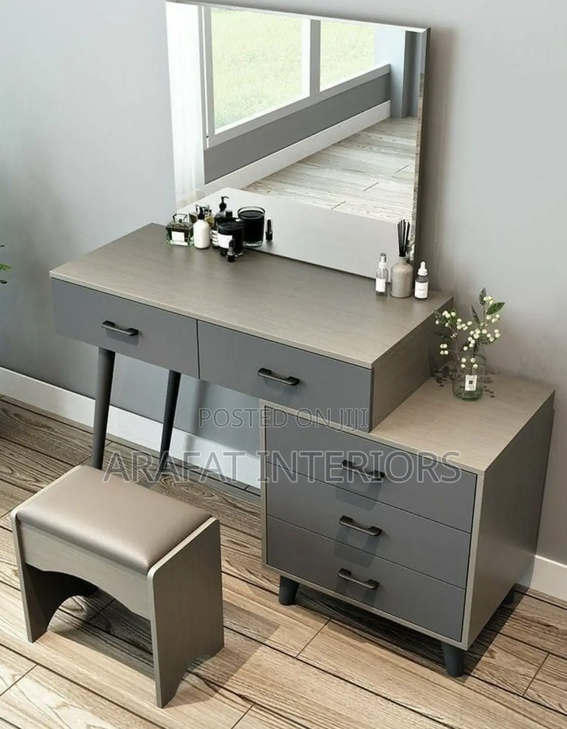 Sleek Modern Vanity Table – Gray Wood With Large Mirror