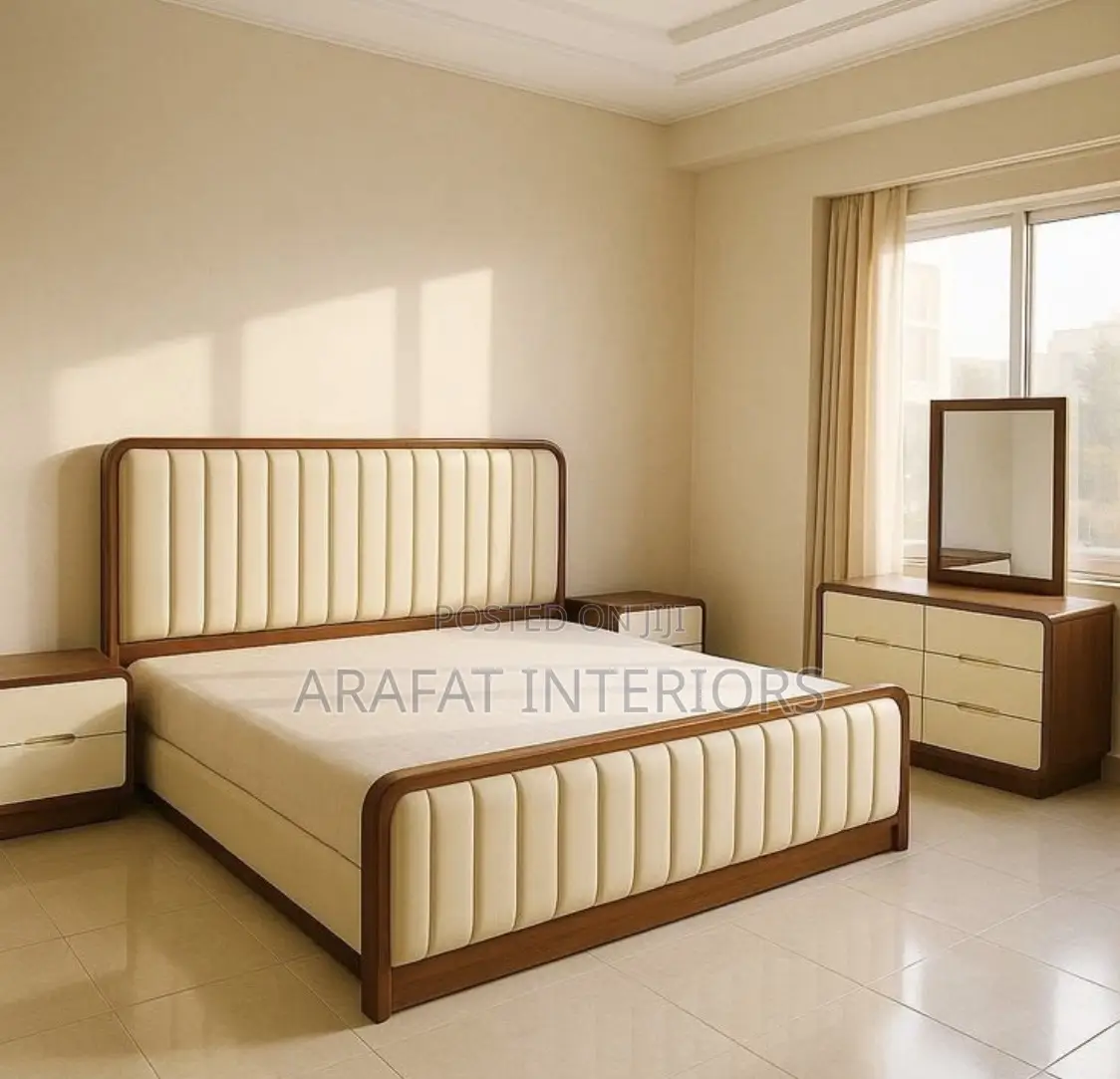 Elegant Cream Walnut King Bed Set With Channel-Tufted Headboard