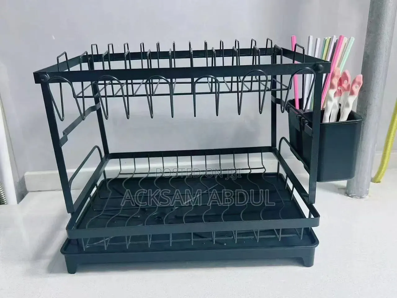 Black, 2-Tier Carbon Steel Dish Drying Rack