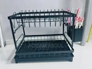 Black, 2-Tier Carbon Steel Dish Drying Rack