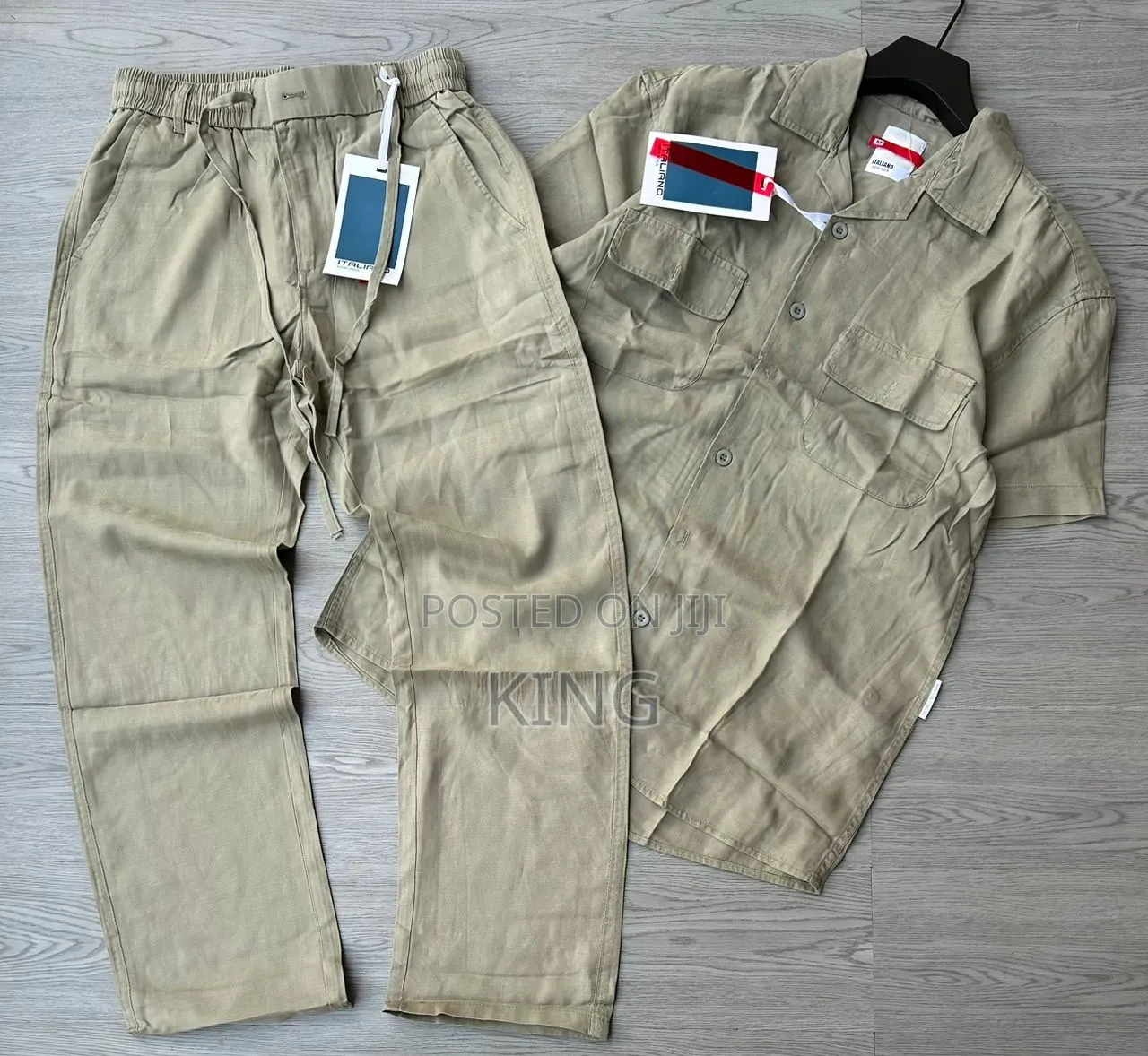 Linen Sets.Cargo-style Pockets Shirt and Pants.