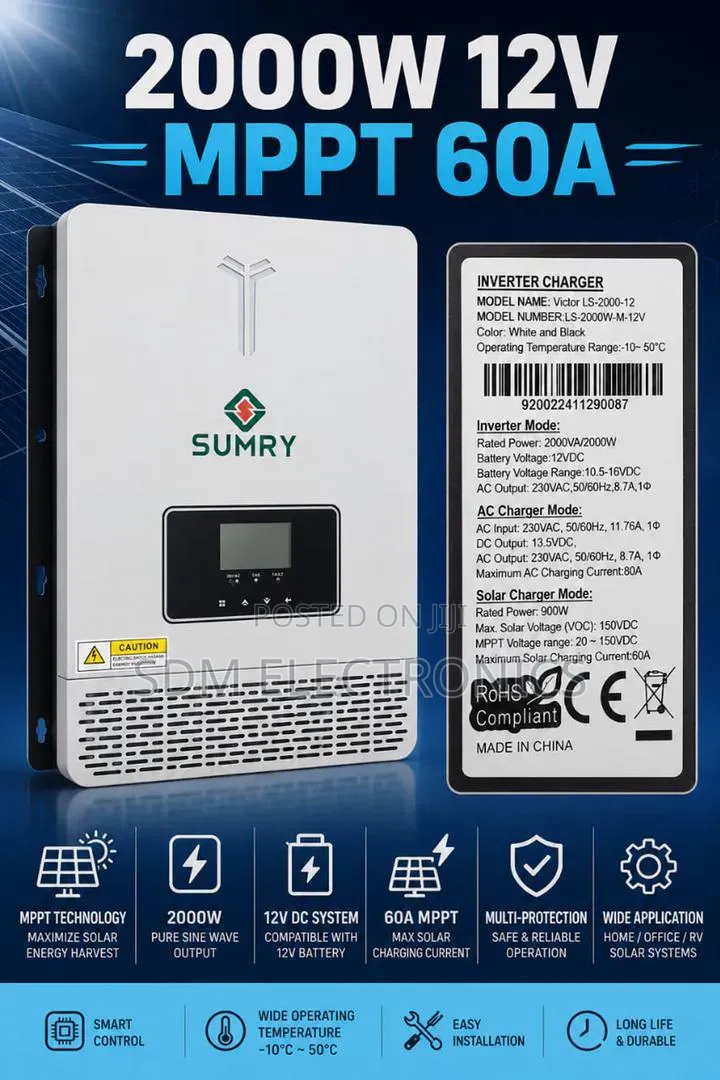 Sumry 2000w 12v MPPT 60a Pure Sine Wave Solar Inverter Charger