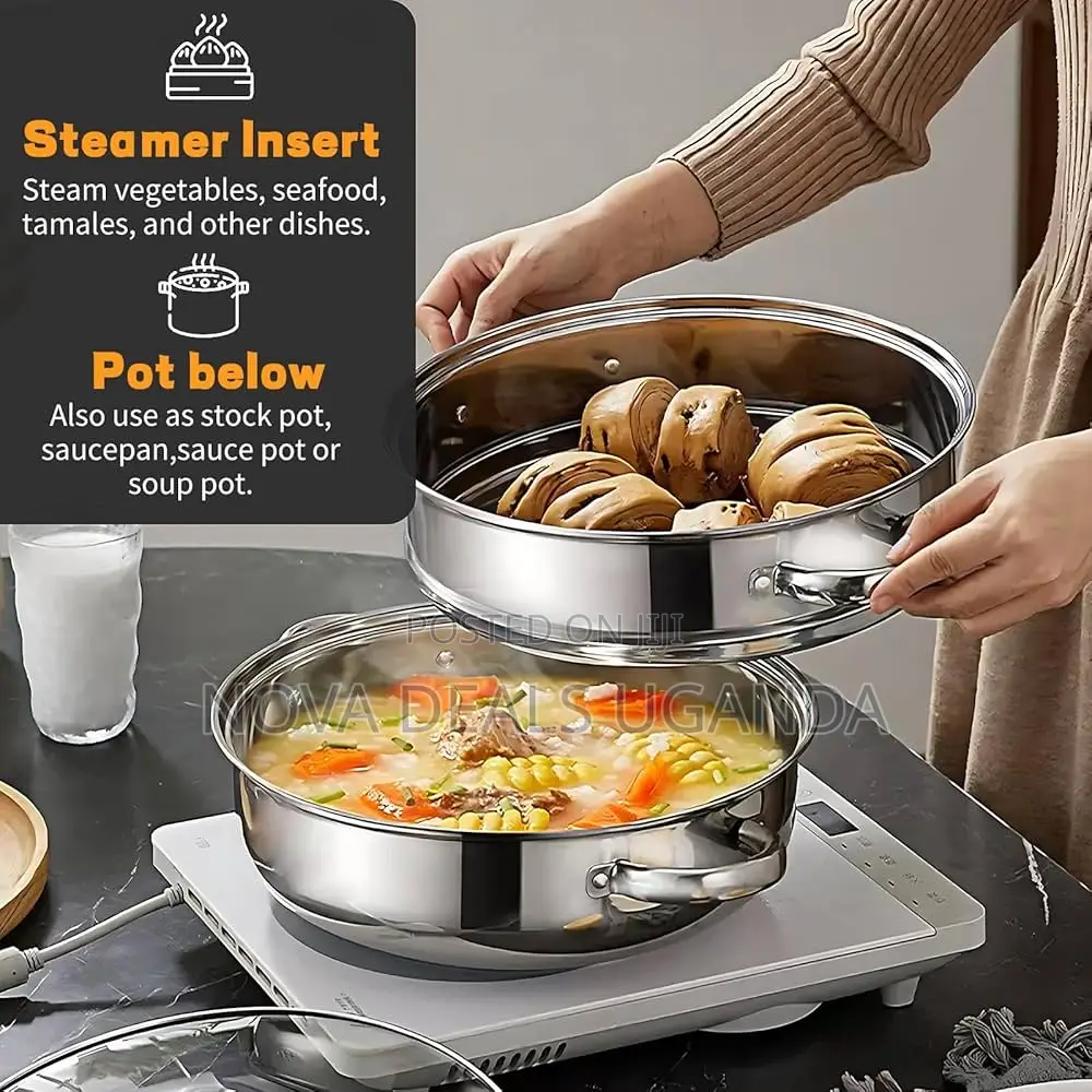 28cm 2 Tier Stainless Steel Steamer Pot W/Glass Lid