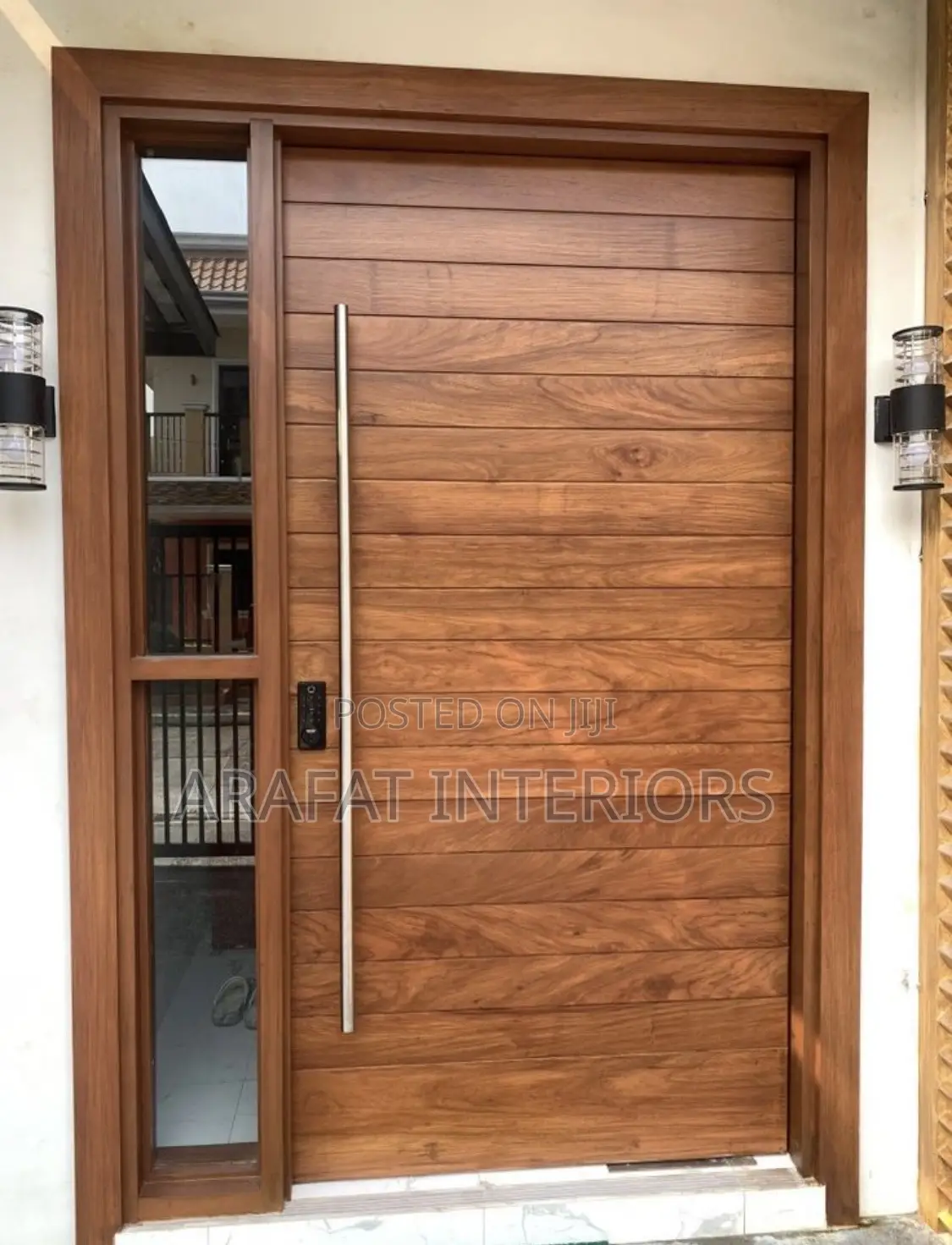 Contemporary Horizontal Plank Teak Front Door With Vertical Handle