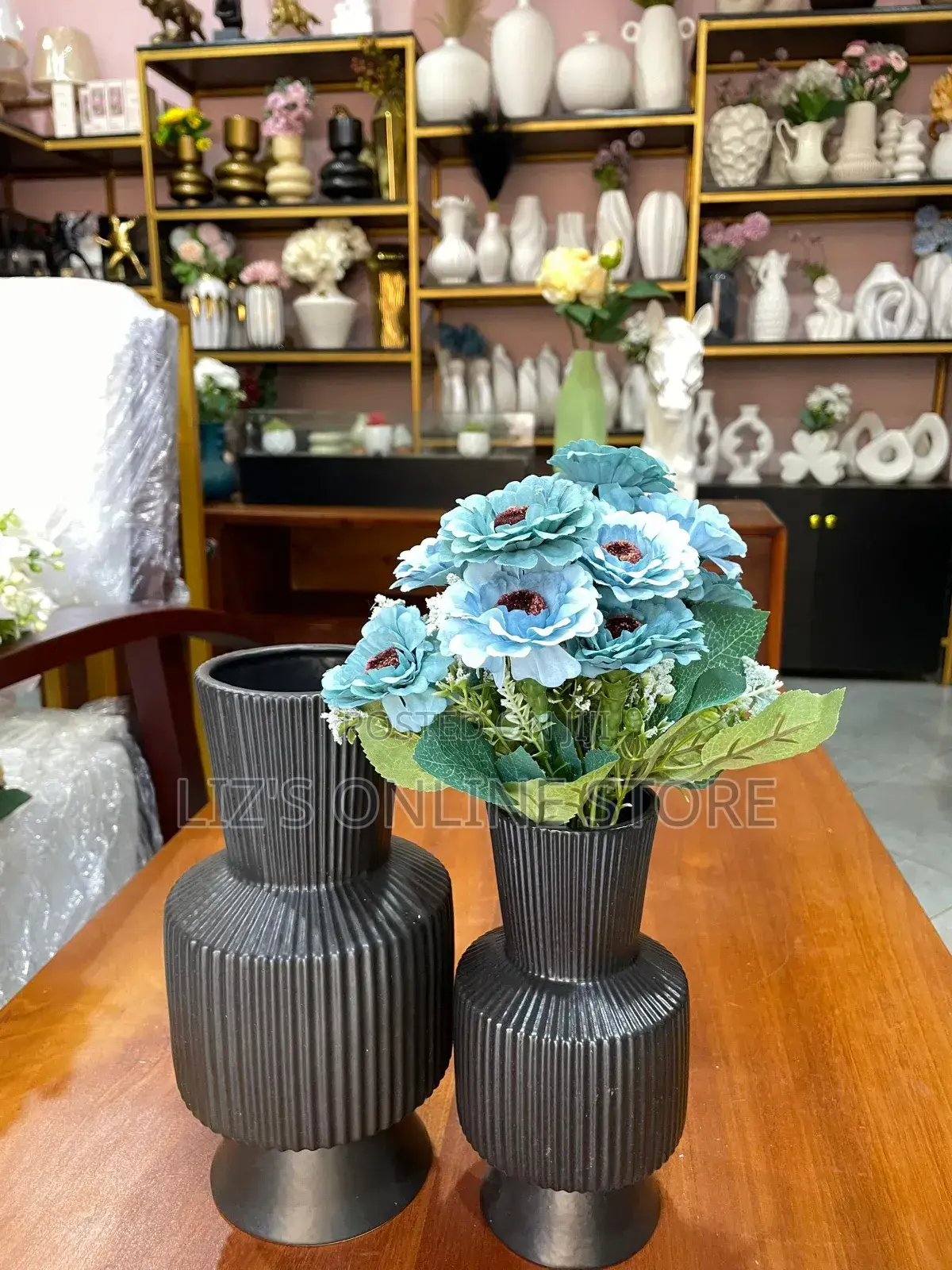 Matte Black Ribbed Ceramic Vases