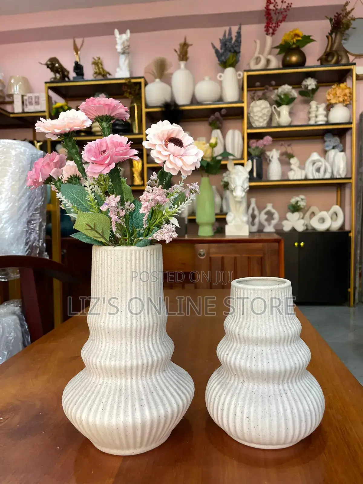 White Ribbed Ceramic Vases
