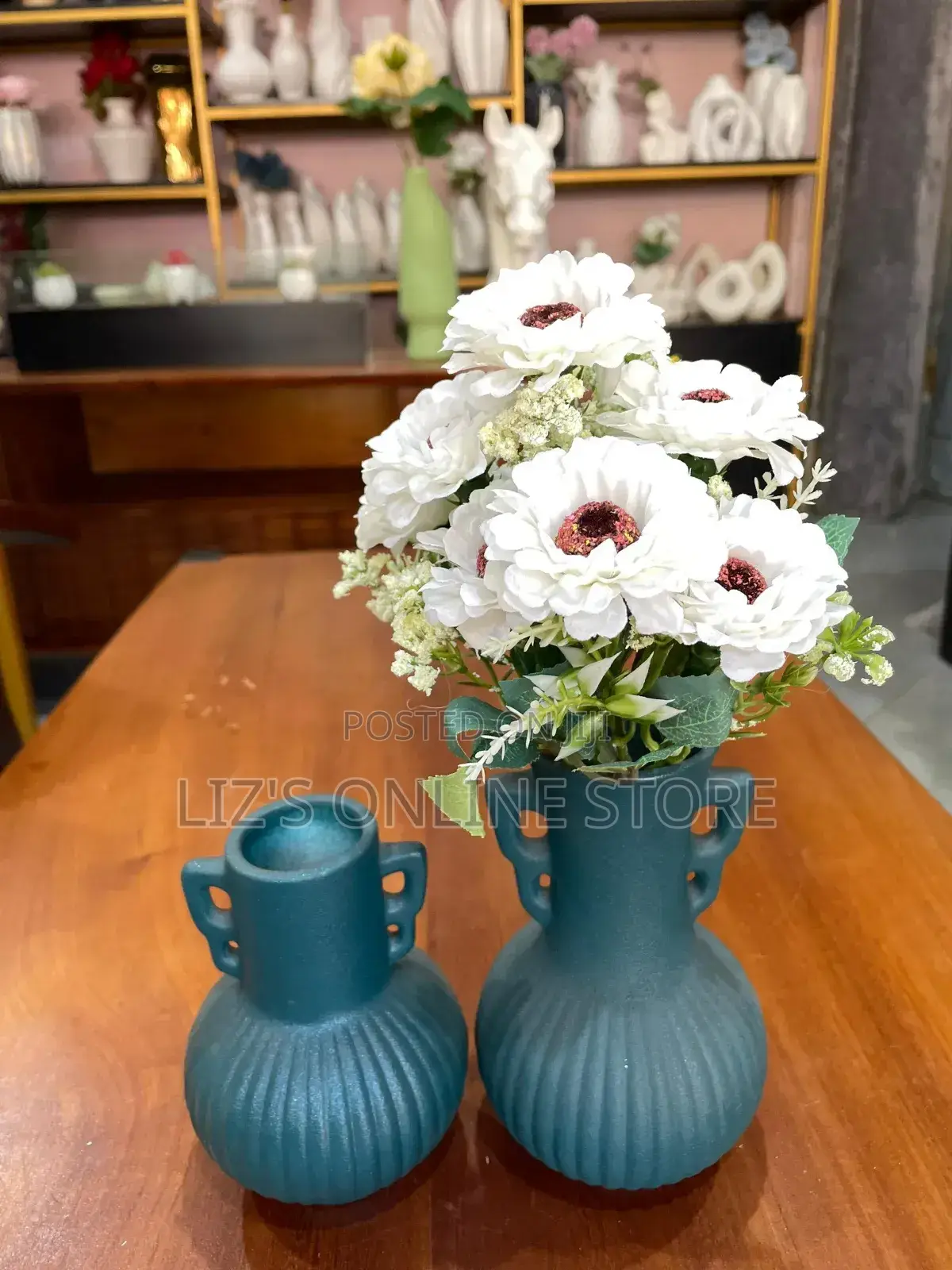 Artificial White Gerbera Daisies With Dark Centers and Green Filler