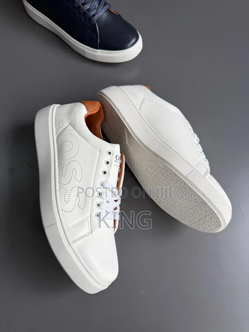 White, Navy, and Black Leather Boss Trainers