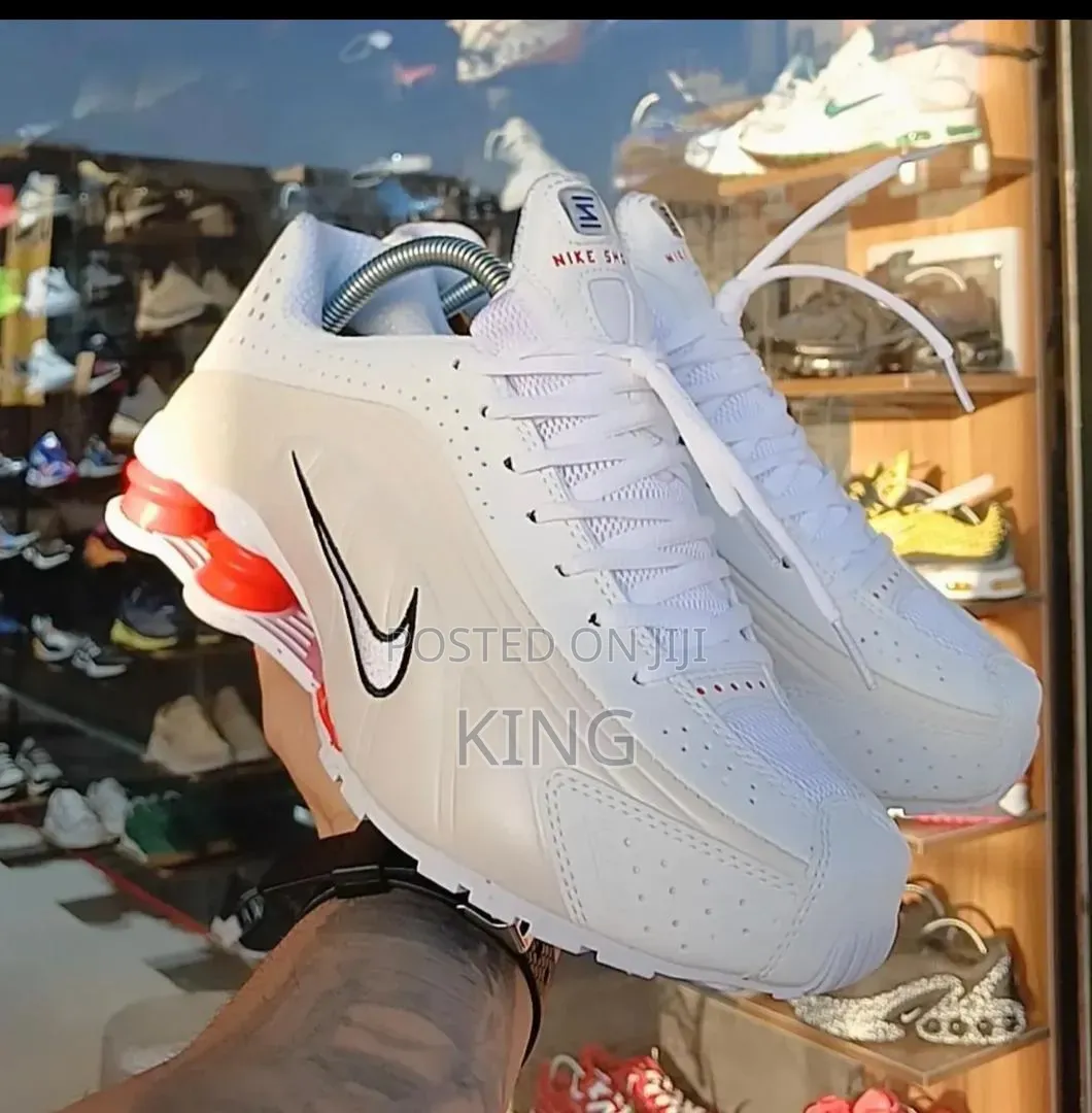 Nike Shox R4 in the White/Phantom/Picante Red
