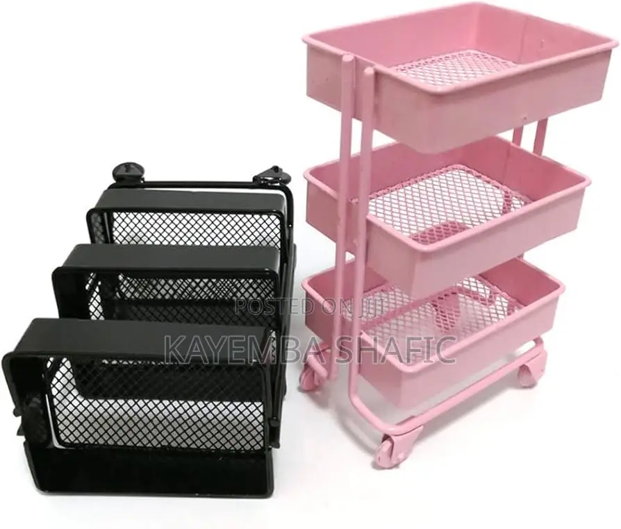 3-Tier Pink Metal Mesh Rolling Utility Storage Cart