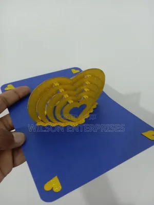 : Handmade 3d Pop-Up Layered Heart (Gold-Blue) Greeting Card