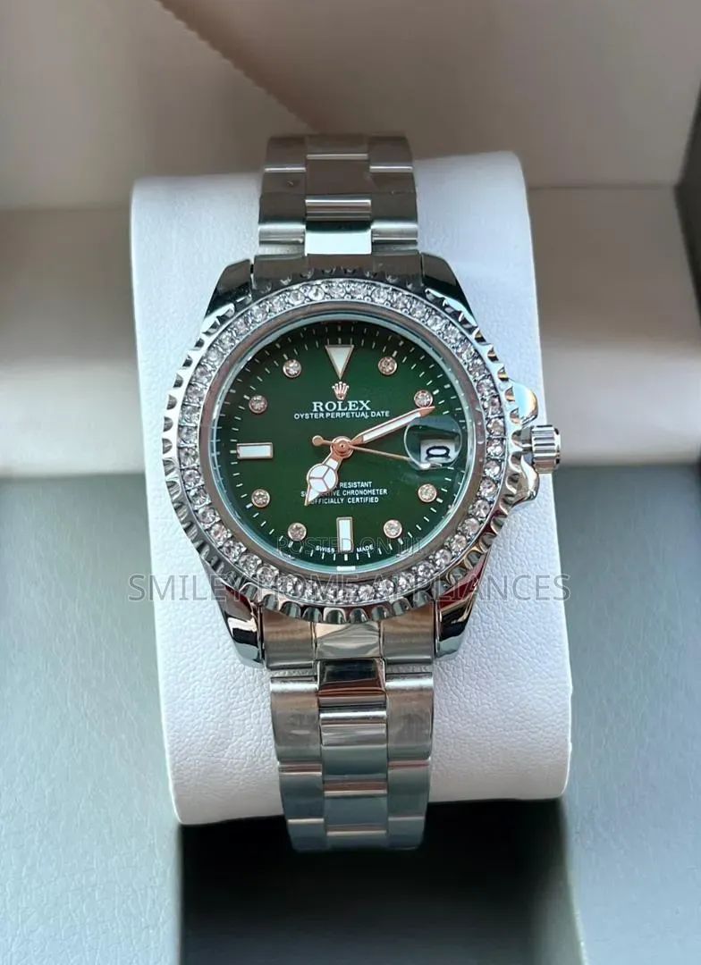 Green Face Women's Rolex Silver Wrist Analog Time Piece at Discount