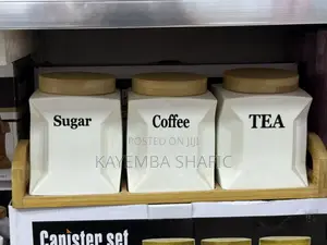 3-Piece Ceramic Tea, Coffee Sugar Canister Set With Wooden Tray