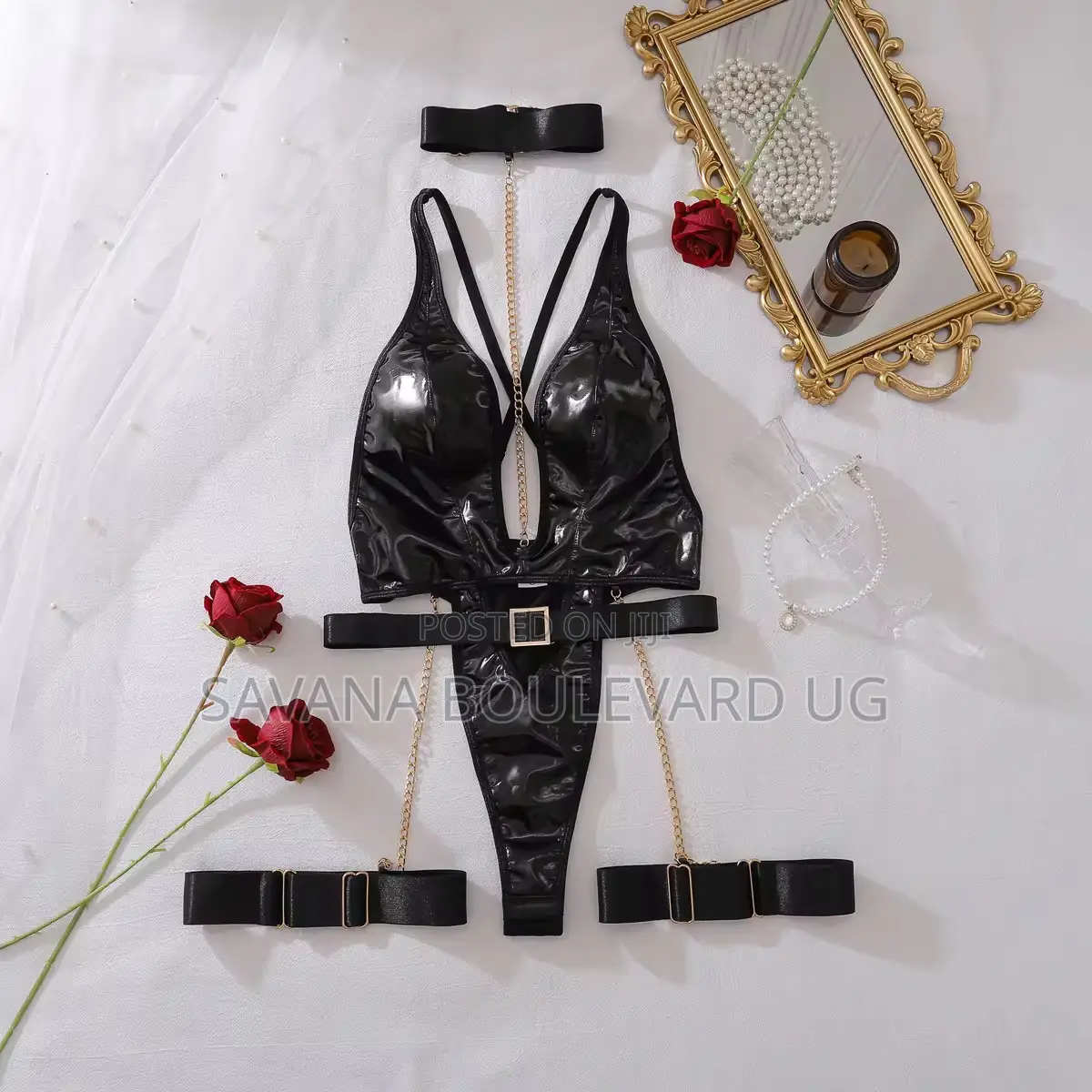 Savana Black Faux Leather Bodysuit Lingerie Set With Chains