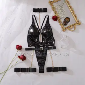 Savana Black Faux Leather Bodysuit Lingerie Set With Chains