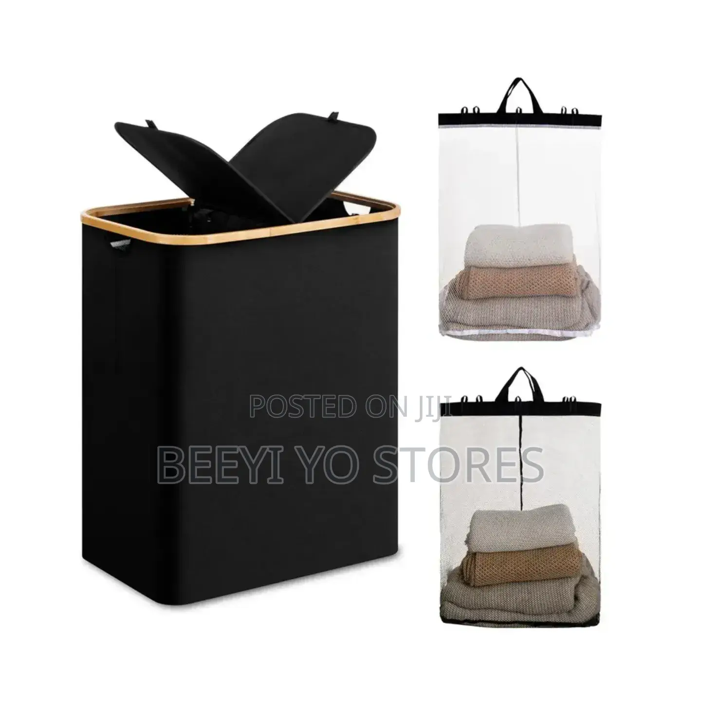 Premium Laundry Hamper – Durable Black Fabric With Wooden Rim