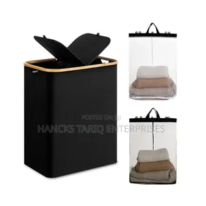 Premium Laundry Hamper – Durable Black Fabric With Wooden Rim