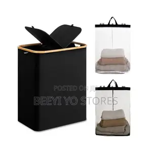 Premium Laundry Hamper – Durable Black Fabric With Wooden Rim