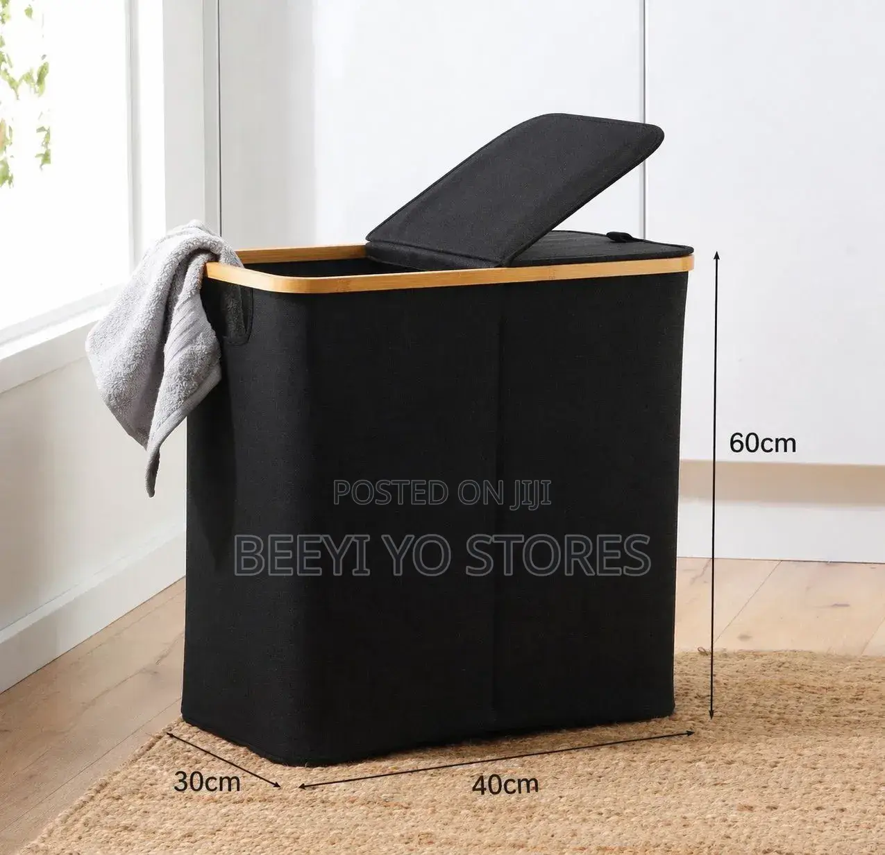 Premium Laundry Hamper – Durable Black Fabric With Wooden Rim