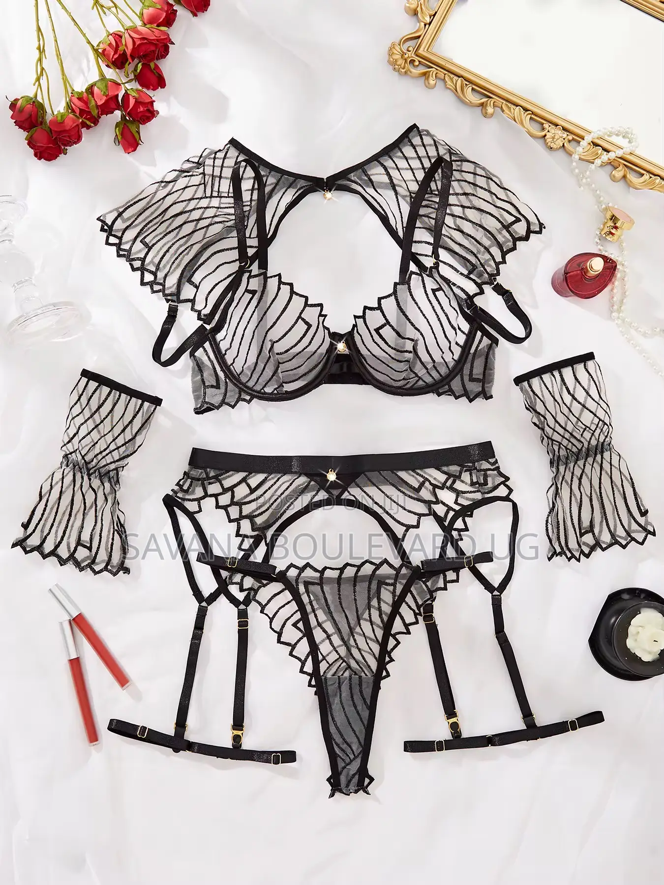 Savana Nude/Black Mesh Lingerie 5pc