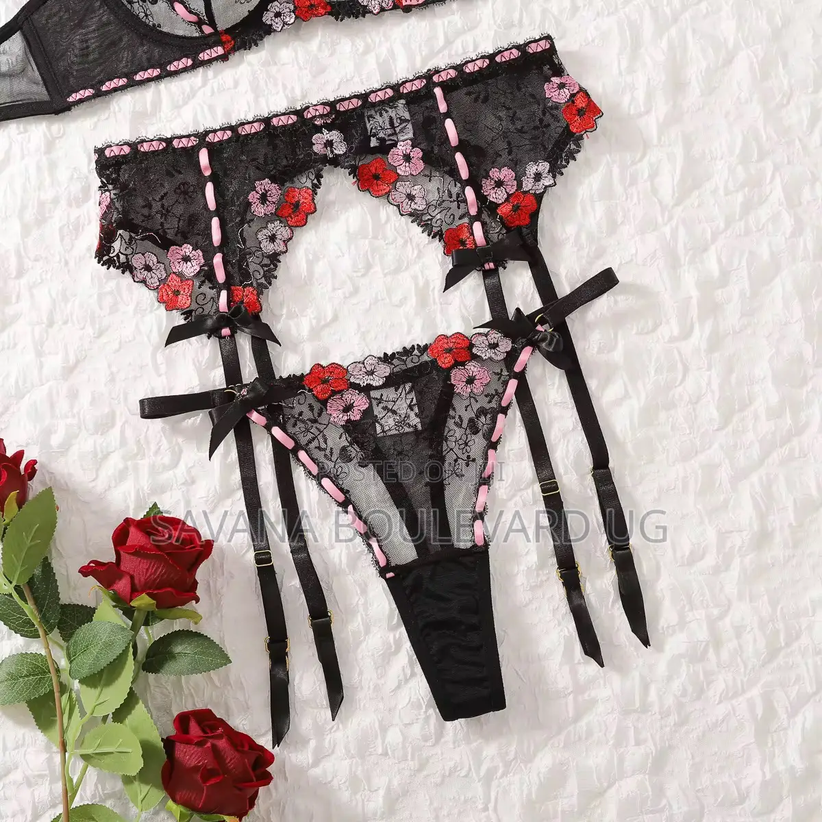 Savana 3pc Black Lace Floral Lingerie Set