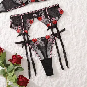 Savana 3pc Black Lace Floral Lingerie Set