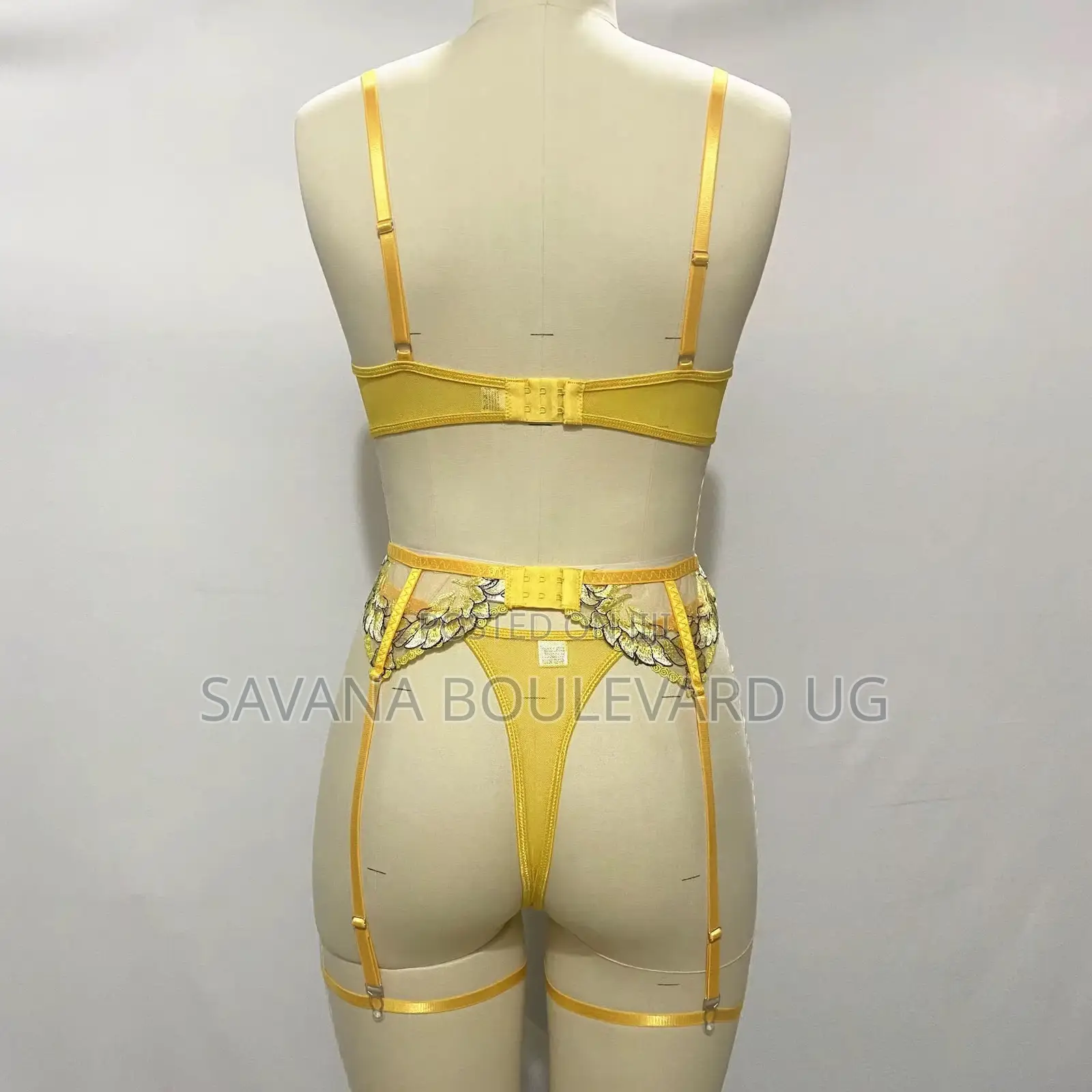 Savana Yellow Moon Pattern Mesh 3pc Lingerie Set