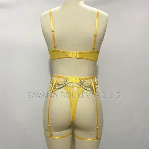 Savana Yellow Moon Pattern Mesh 3pc Lingerie Set