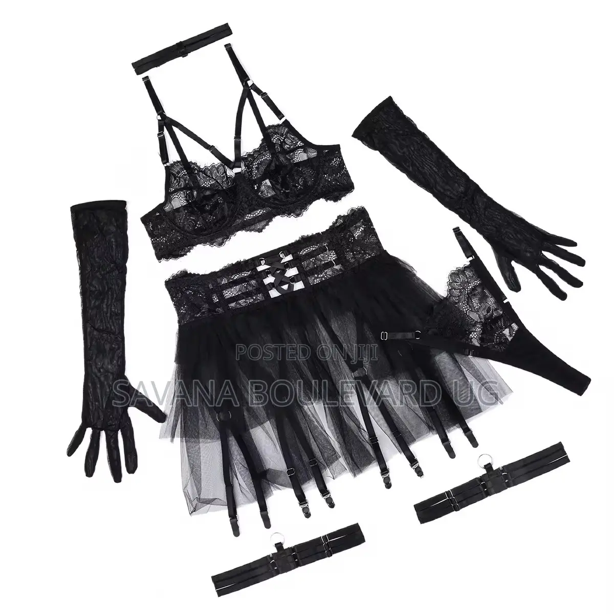 Savana Black Lace 5pc With Gloves Lingerie Set
