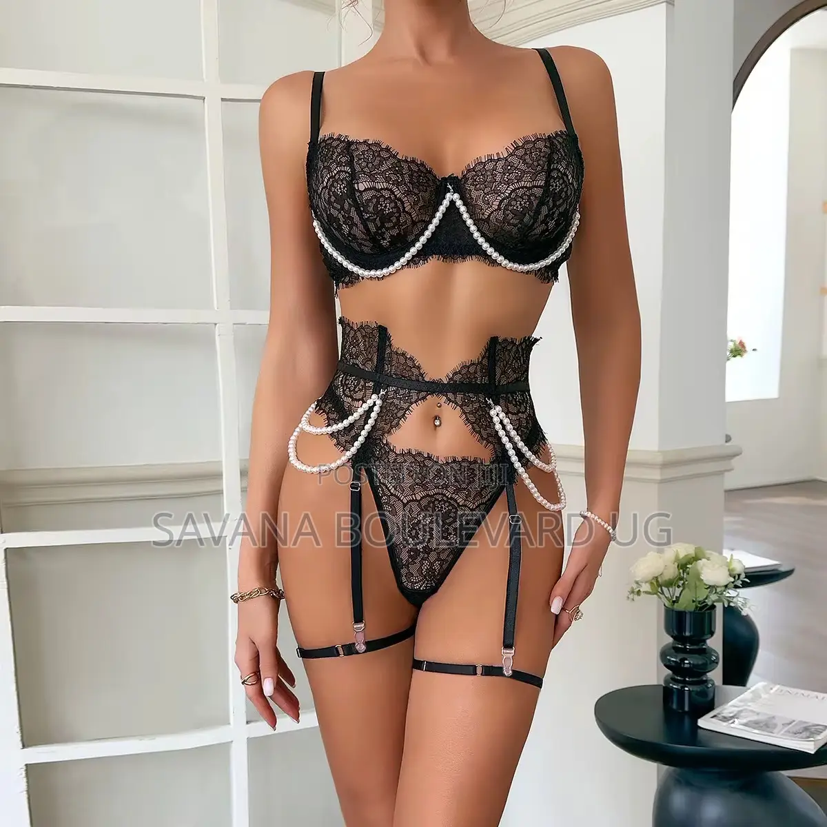 Savana Black 3pc Set With Pearls Lingerie