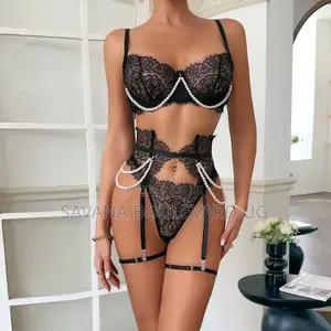 Savana Black 3pc Set With Pearls Lingerie